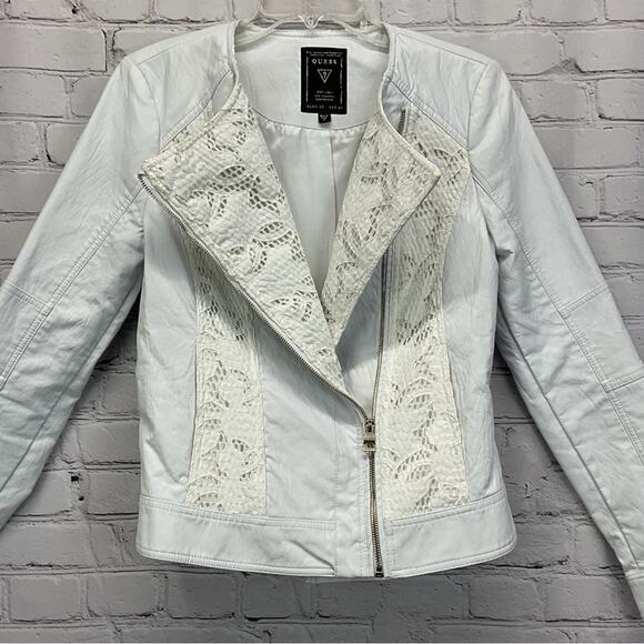 Guess Moto Jacket Women's Size M White Vegan Leather Lace Inserts Asymmetrical - Picture 8 of 10